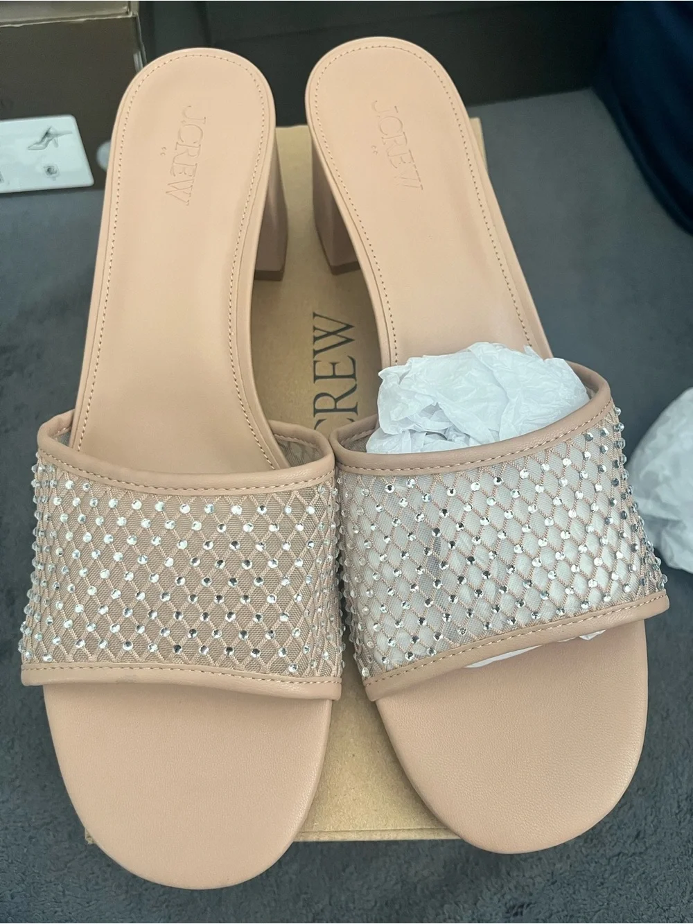 NWT J.Crew Rhinestone Mesh Mule Heels Size 12 | Nude Block Heel